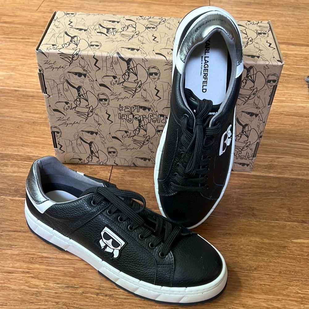 NEW * DESIGNER* KARL LAGERFELD Black Leather Sneaker sz 10.5 / 43.5